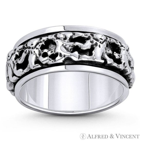 Teddy Bear Charm Wide Band Spinning Ring in .925 Sterling Silver - Size 12 - Picture 1 of 1